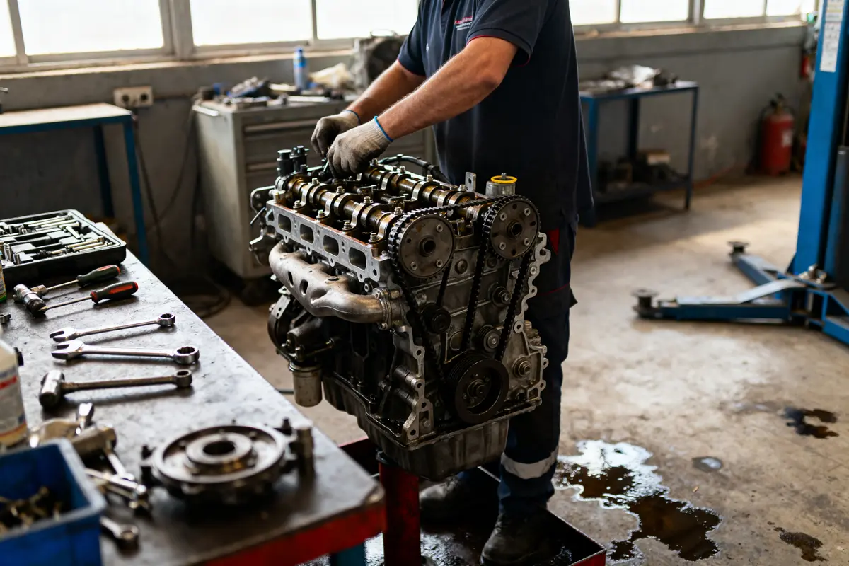 Mecánico trabajando en el motor 1.6 HDi repro en taller con herramientas en mesa.