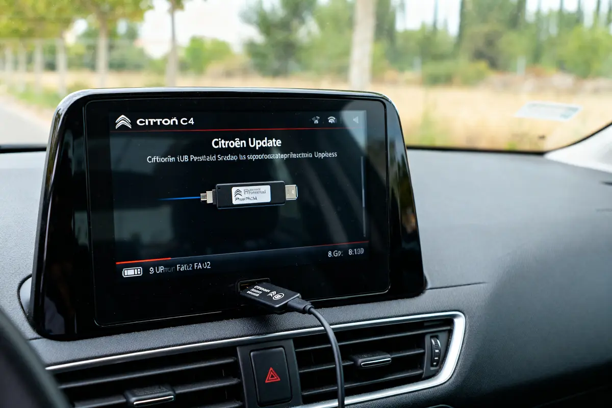 Pantalla de Citroën C4 mostrando actualización, con USB insertado para actualizar software del coche