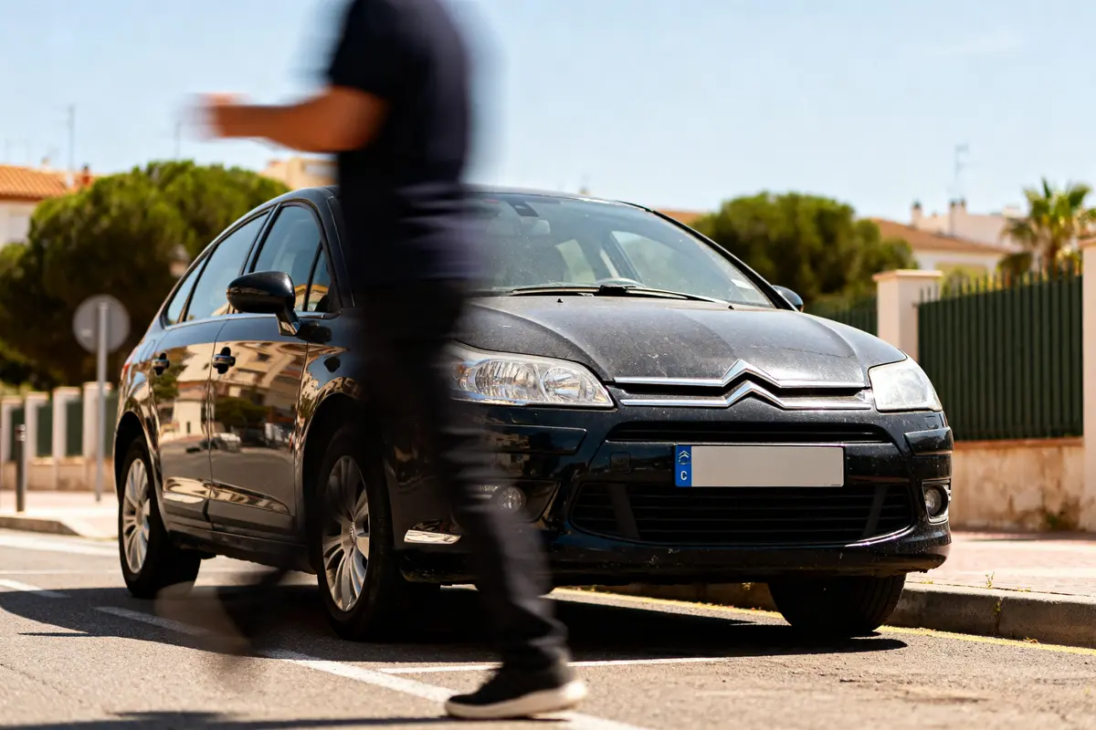 Hombre caminando frente a Citroën C4 aparcado en calle soleada tengo un citroen c4 y no me arranca