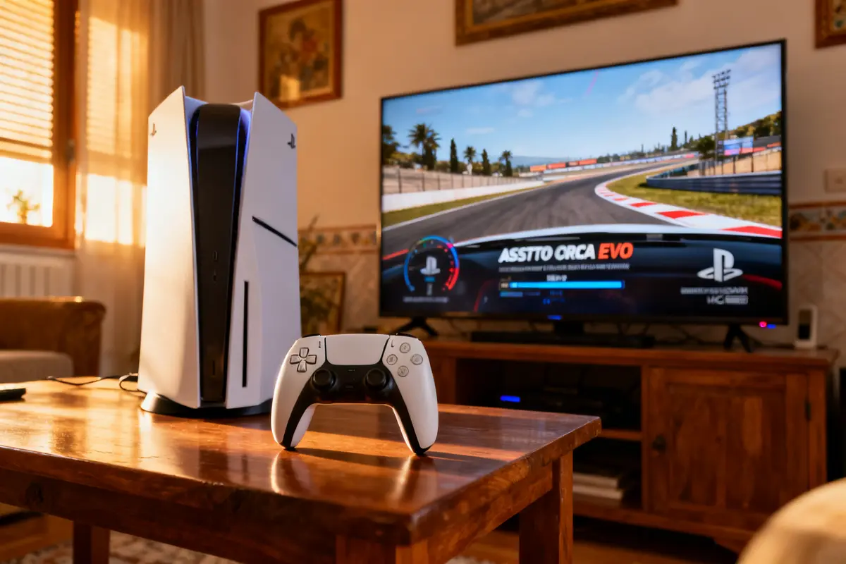 PS5 ejecutando Assetto Corsa Evo en televisor, mando DualSense en mesa de salón.