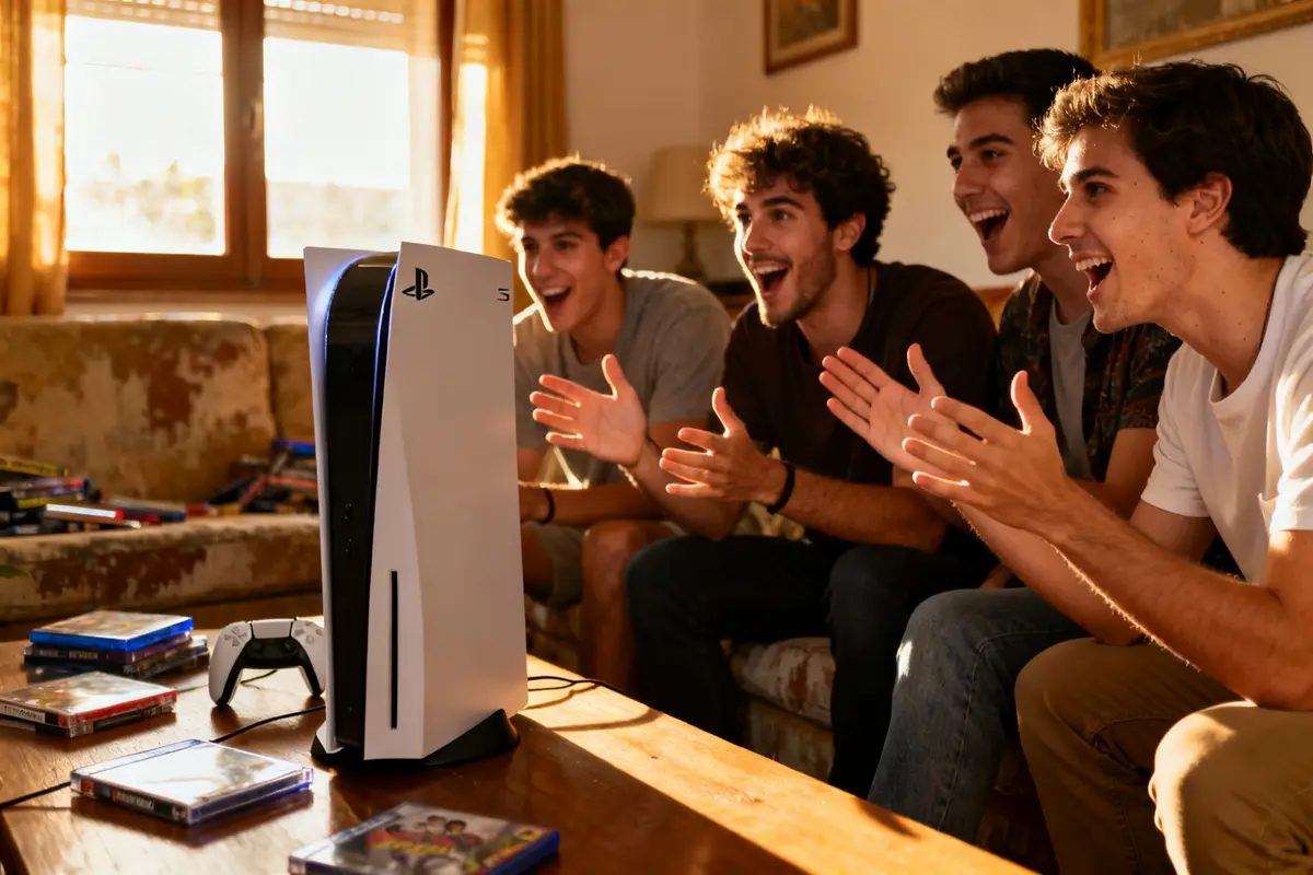 Jóvenes emocionados jugando en PS5; esperan la fecha de lanzamiento de Assetto Corsa Rally.