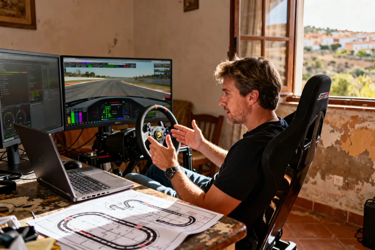 Persona usando simulador de carreras en casa, posiblemente un entrenador llamado Dave Coach.