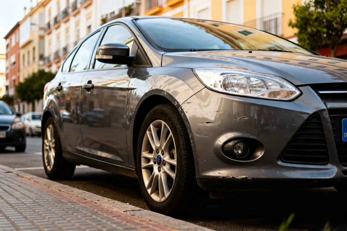 Coche estacionado en la calle con rasguños visibles en el parachoques del Focus MK III