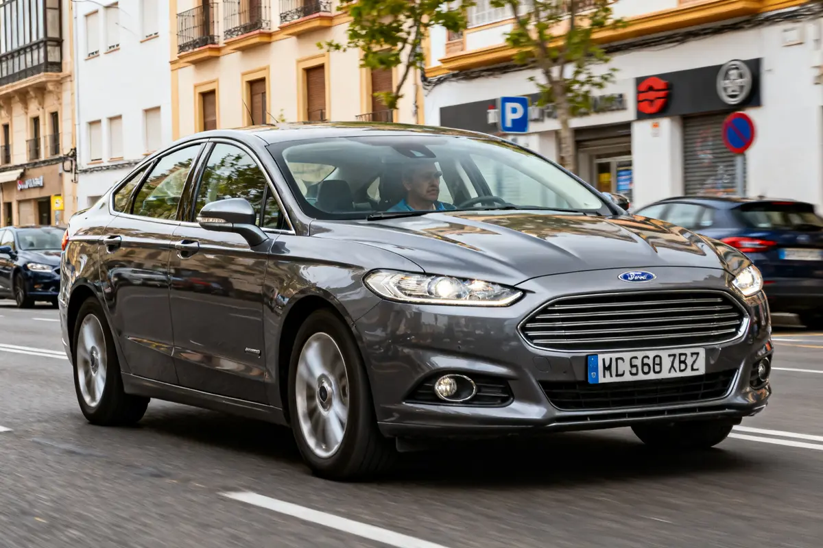 Coche Ford Mondeo Mk5 gris circulando en ciudad con edificios al fondo en movimiento.
