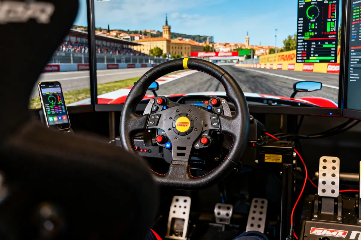 Simulador de carreras con volante en circuito digital, destacando en la carrera de Fórmula 1.