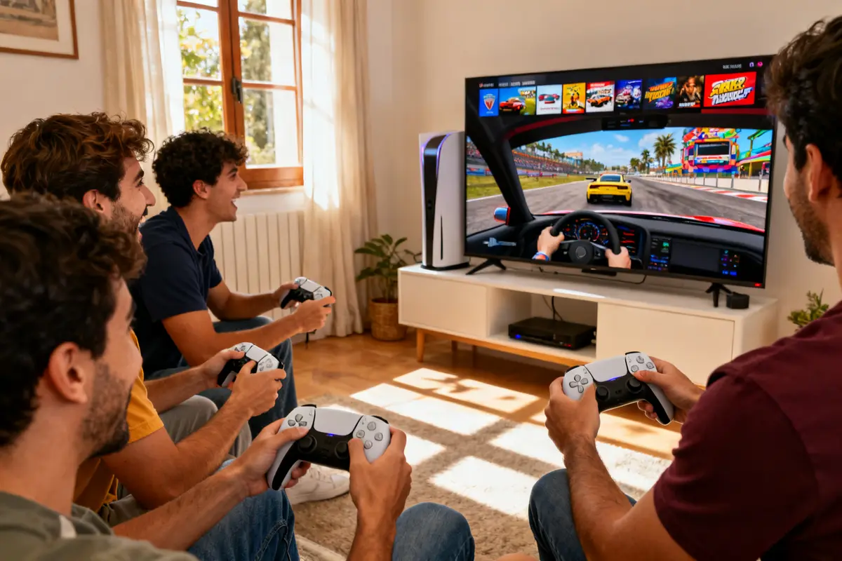 Cuatro amigos jugando juegos de coches para PS5 en el salón con mando DualSense.