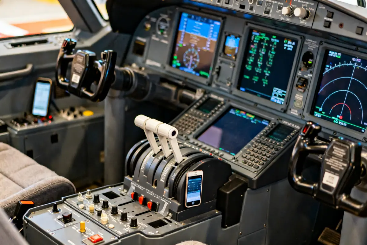 Cabina de avión con paneles de control digitales, incluyendo el sistema de leoxz integrado.