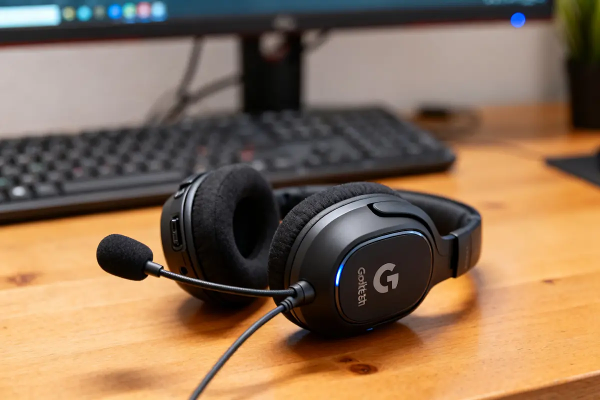 Auriculares Logitech G335 para gaming sobre escritorio con micrófono, teclado y monitor en segundo plano