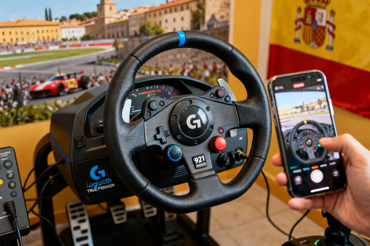 Volante de simulación Logitech G923 con móvil grabando en ambiente de carrera automovilística.