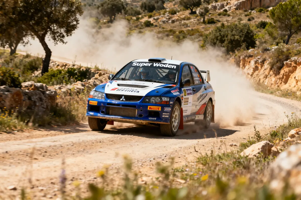 Coche de carreras en camino de grava durante competencia de rally con rallyedge.net como patrocinador.